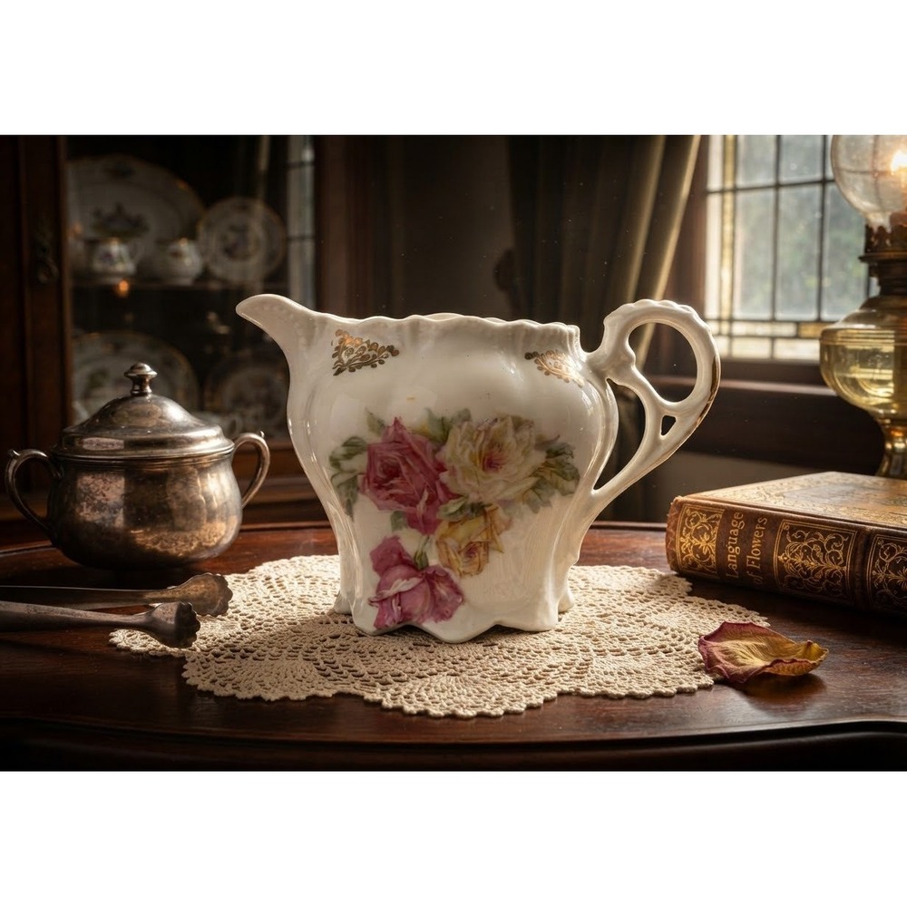 Antique R.S. Prussia Porcelain Creamer Pink Roses Pierced Handle C.1900